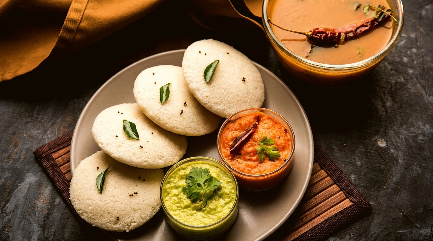 Idli with green and red chutney, and a bowl of sambar with a red chili.