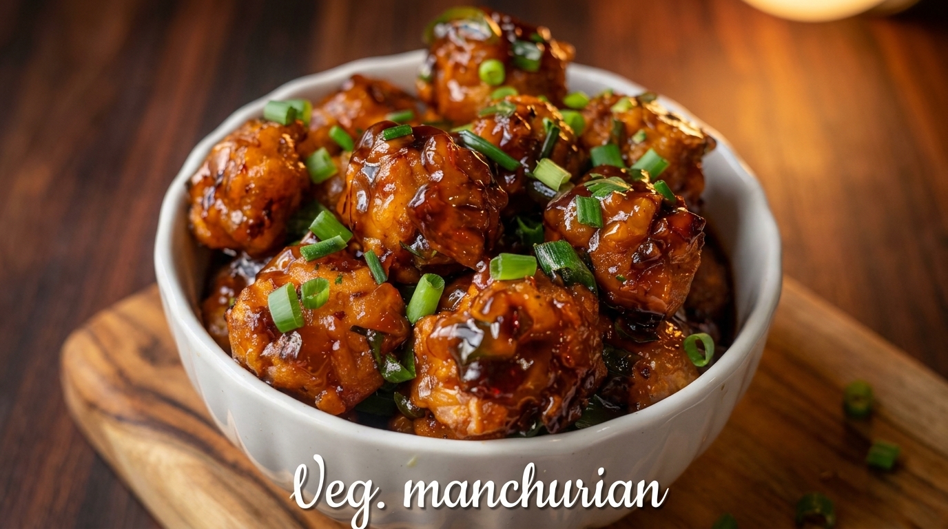 A white bowl filled with glistening vegetable Manchurian, garnished with chopped green onions, on a wooden board.