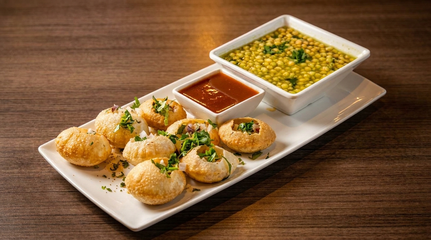 A plate of golden-fried pani puri, with two dipping sauces, on a wooden table.