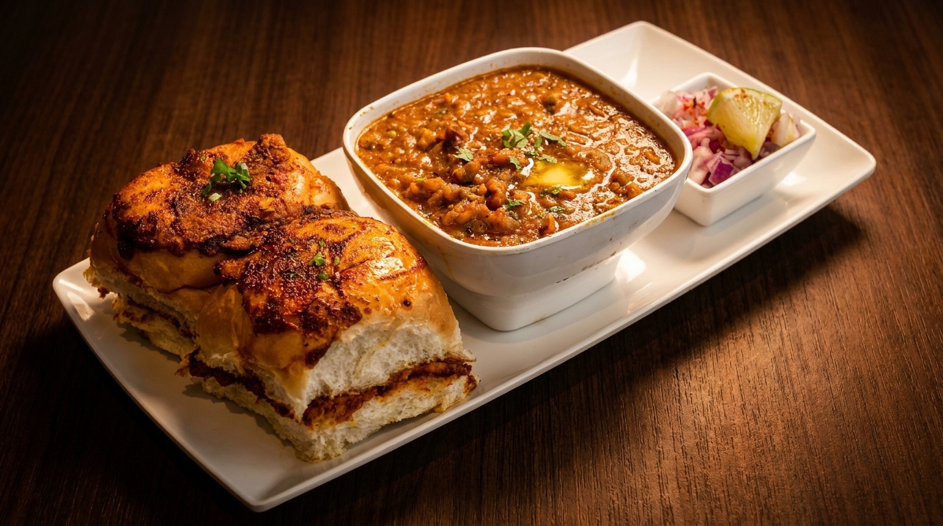 Pav Bhaji, an Indian dish, with two buttered buns, a bowl of vegetable curry, and a side of chopped onions and lime.