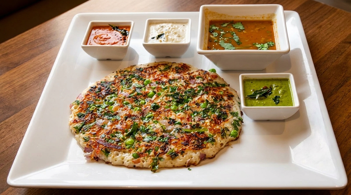Savory uttapam pancake with peas and herbs, served with three dipping sauces on a white plate.