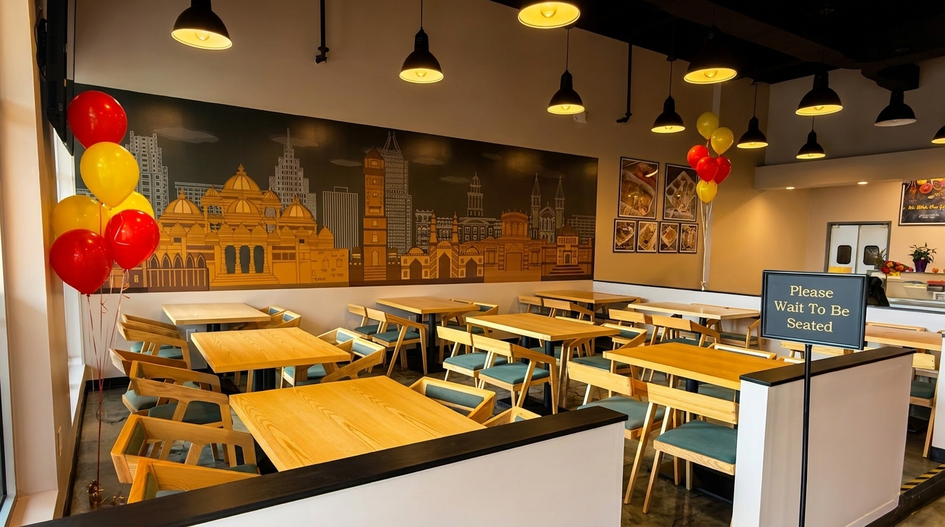 Empty restaurant dining room with light wood tables and chairs, city mural, and balloons.