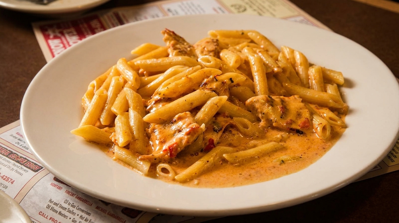 Penne pasta with chicken and a creamy tomato sauce served on a white plate.