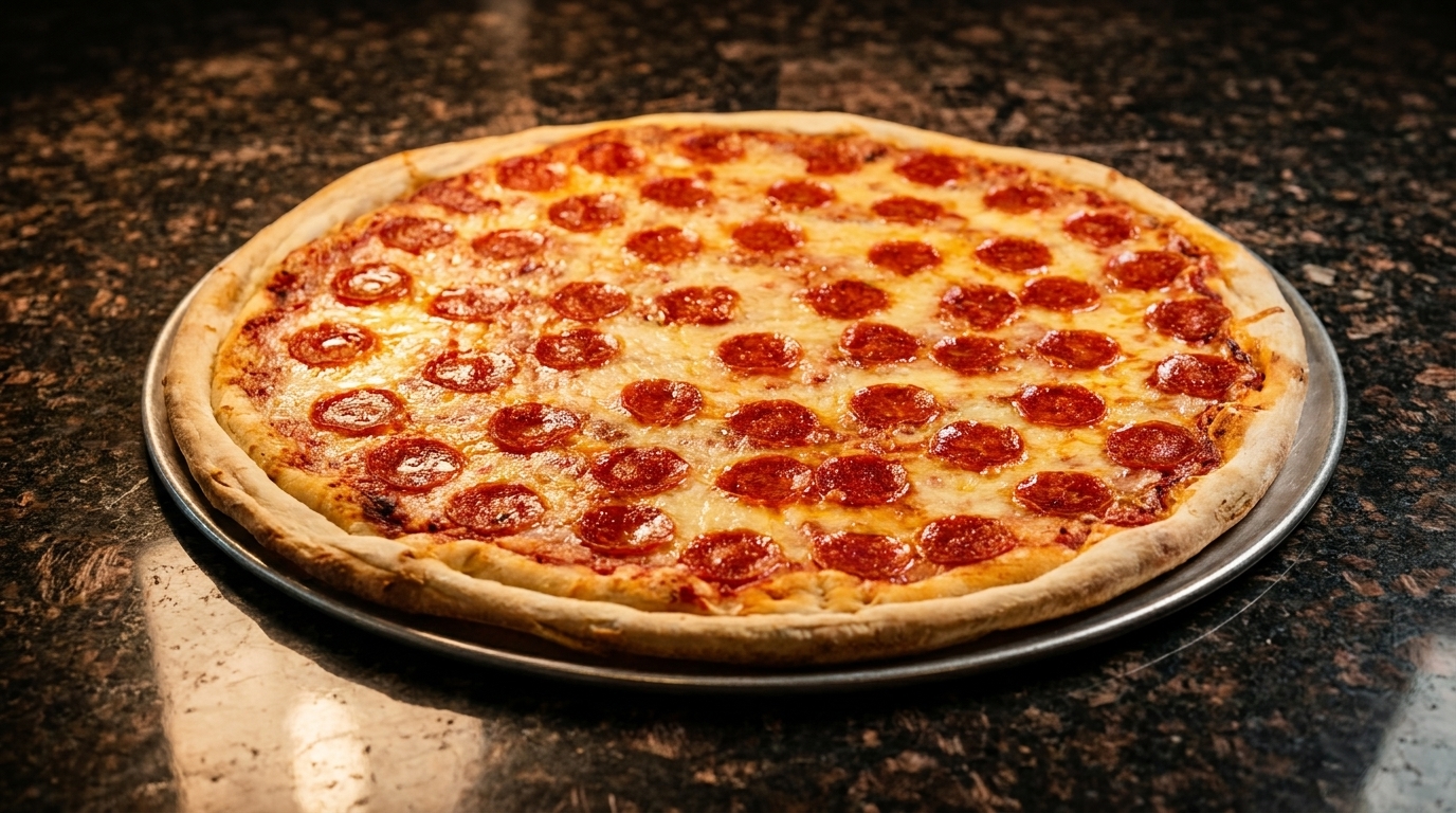 A whole pepperoni pizza with melted cheese on a metal pan, centered on a dark granite countertop.
