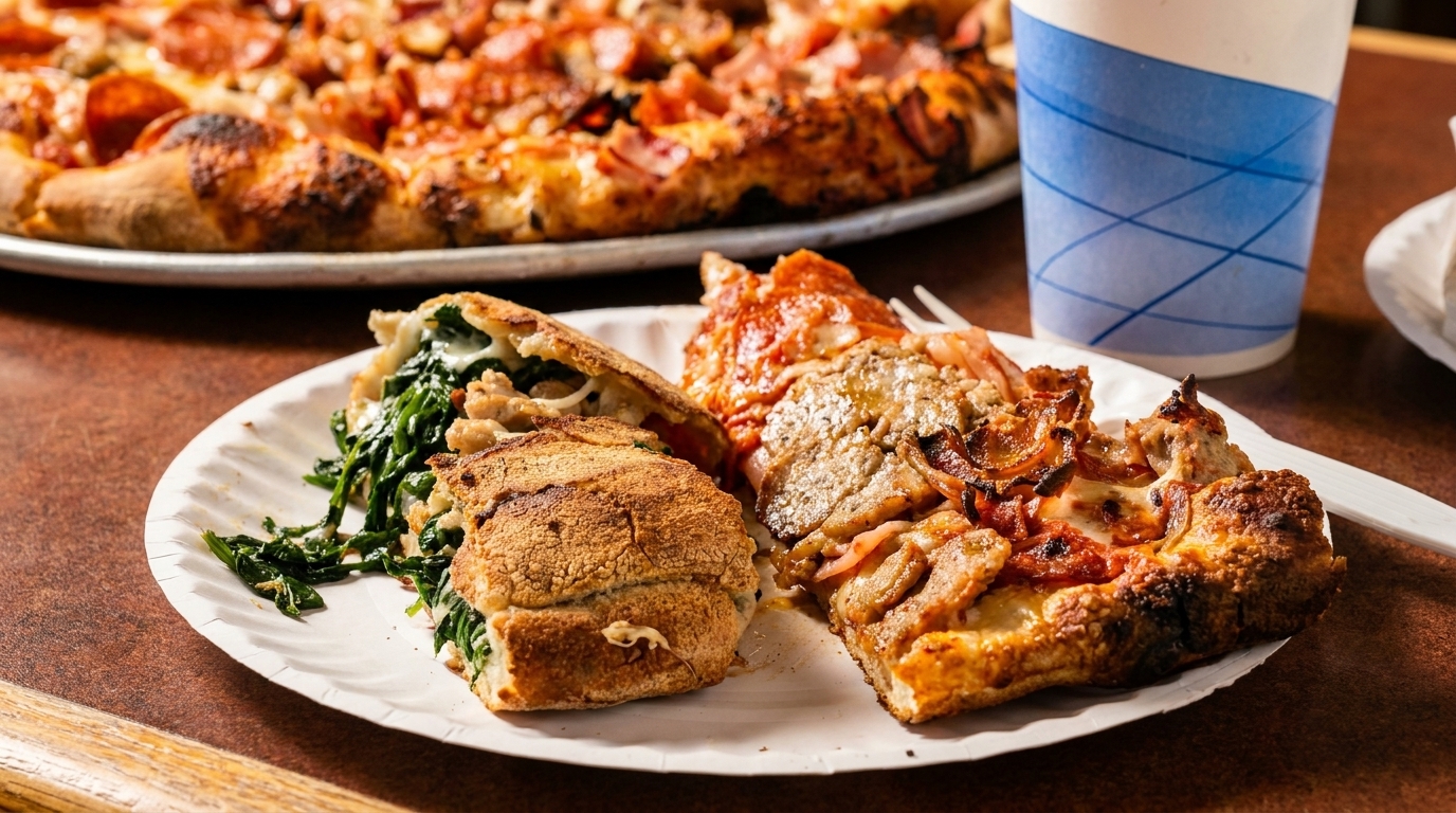 A paper plate holds two pizza slices and a spinach calzone, with a whole pizza in the background.
