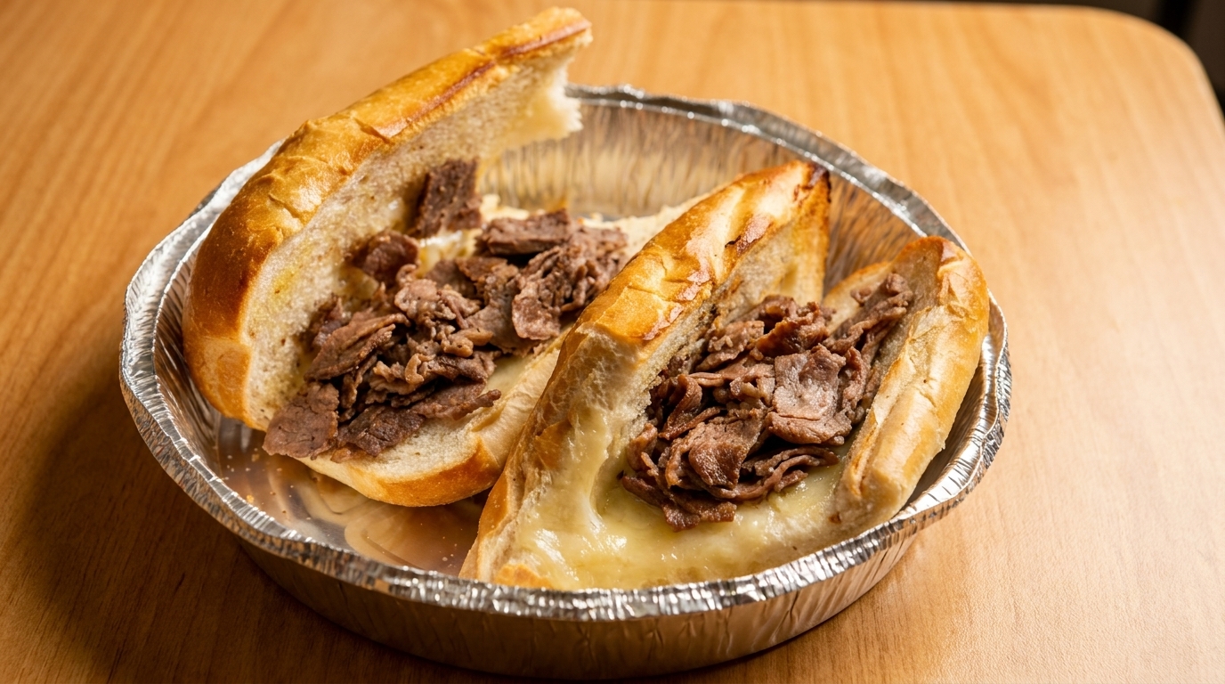 Two halves of a cheesesteak sandwich with melted cheese and steak in a foil container.