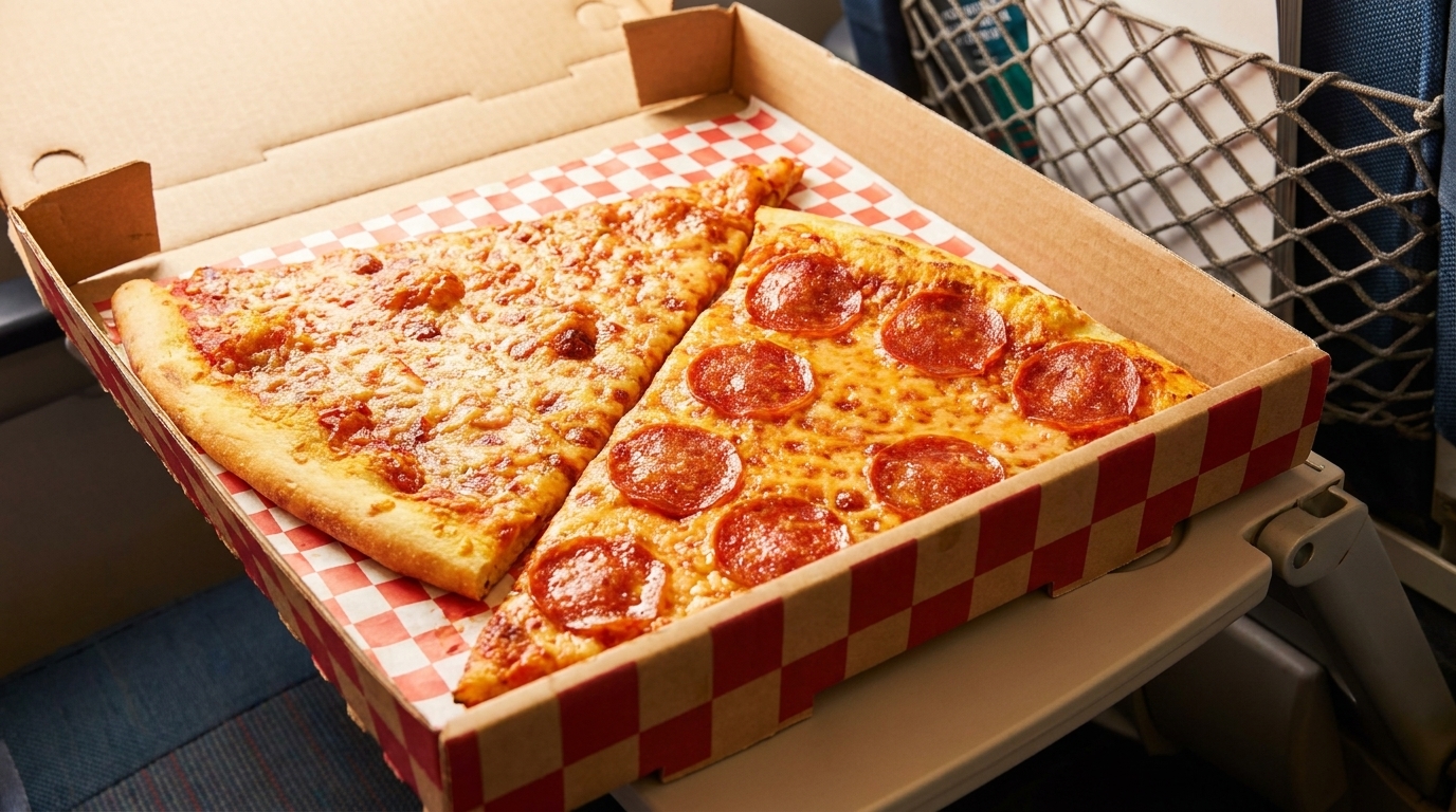 Two slices of pizza, one cheese and one pepperoni, in a checkered box on an airplane tray table.