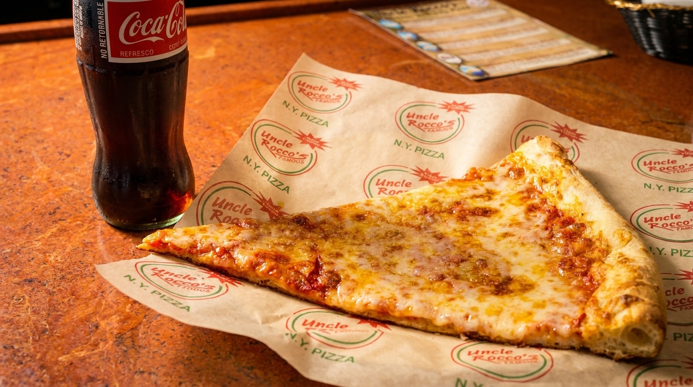 A slice of Uncle Rocco's N.Y. Pizza with a Coca-Cola bottle on branded paper.