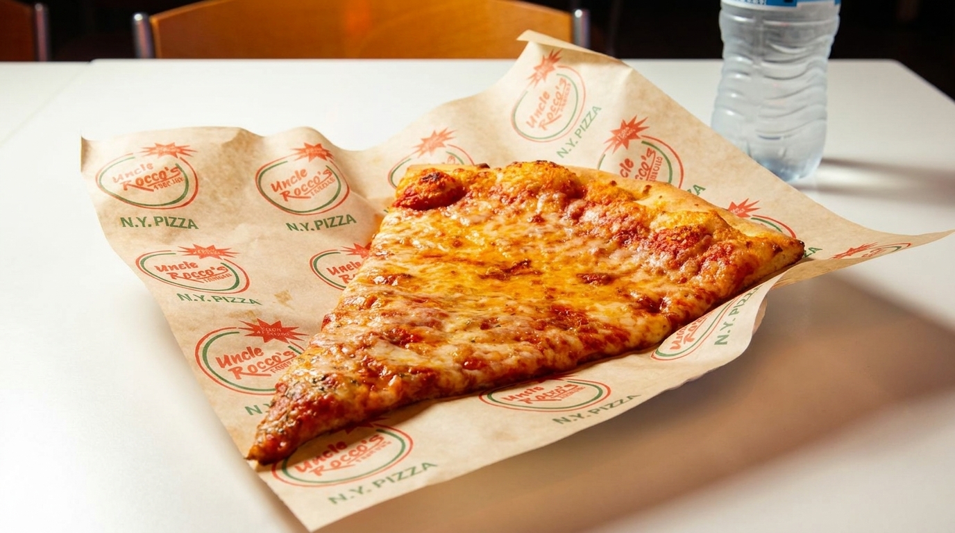 A large slice of cheesy pizza from Uncle Rocco's N.Y. Pizza on branded paper, with a water bottle.