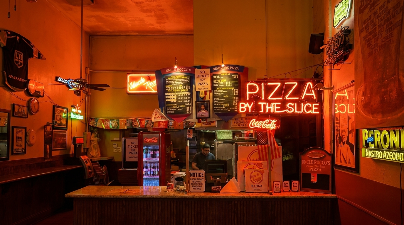 A dimly lit pizza shop interior with neon signs, menu boards, and a counter with a worker.