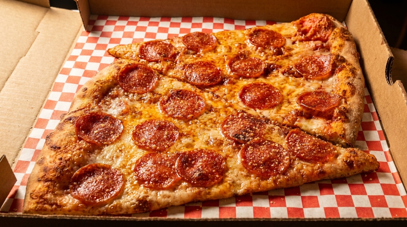 Two slices of pepperoni pizza with melted cheese and red sauce in a cardboard box.