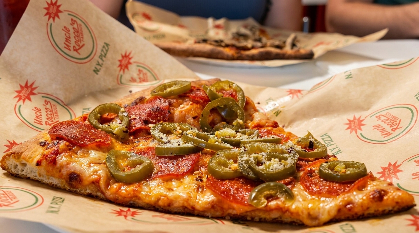 A slice of Uncle Rocco's pepperoni and jalapeño pizza on branded parchment paper.