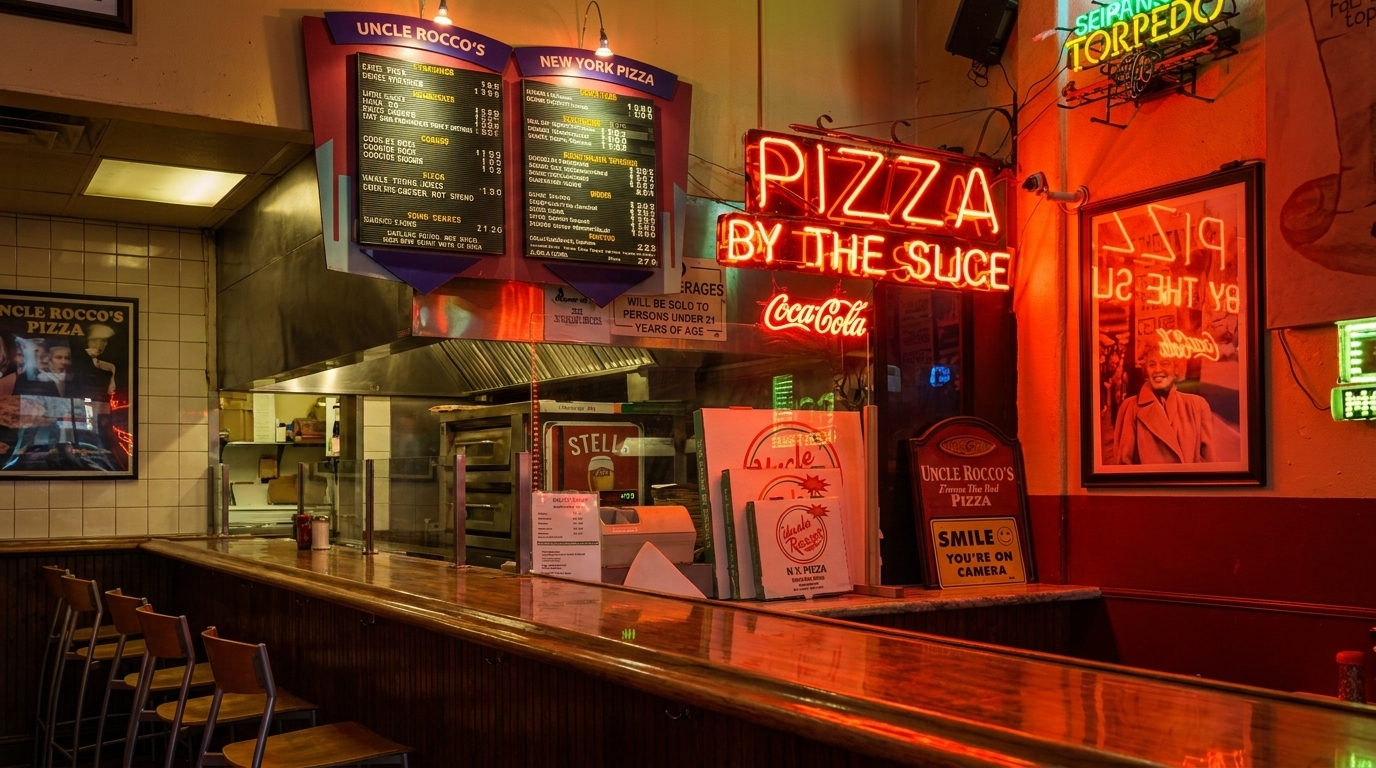 Interior of Uncle Rocco's Pizzeria with a long wooden counter, menu boards, and neon signs.