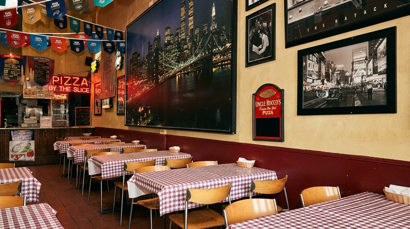 Interior of Uncle Rocco's Pizzeria with checkered tablecloths, New York City art, and a "Pizza by the Slice" neon sign.