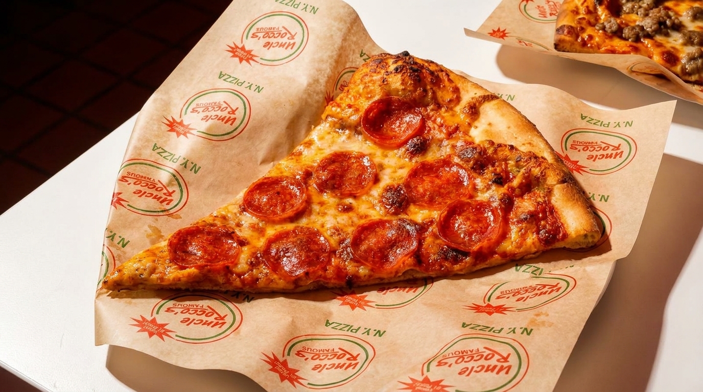 A large slice of pepperoni pizza from Uncle Rocco's N.Y. Pizza, on branded parchment paper.