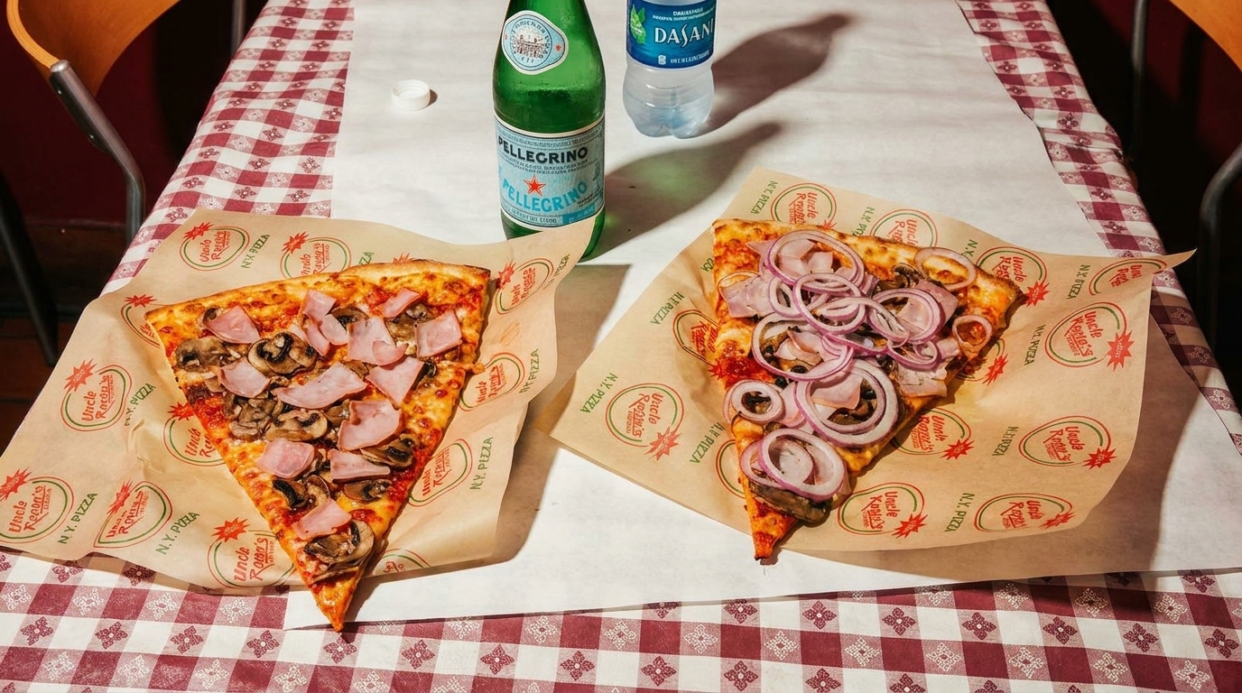 Two slices of Uncle Reo's N.Y. Pizza, one with ham and mushrooms, the other with red onions.
