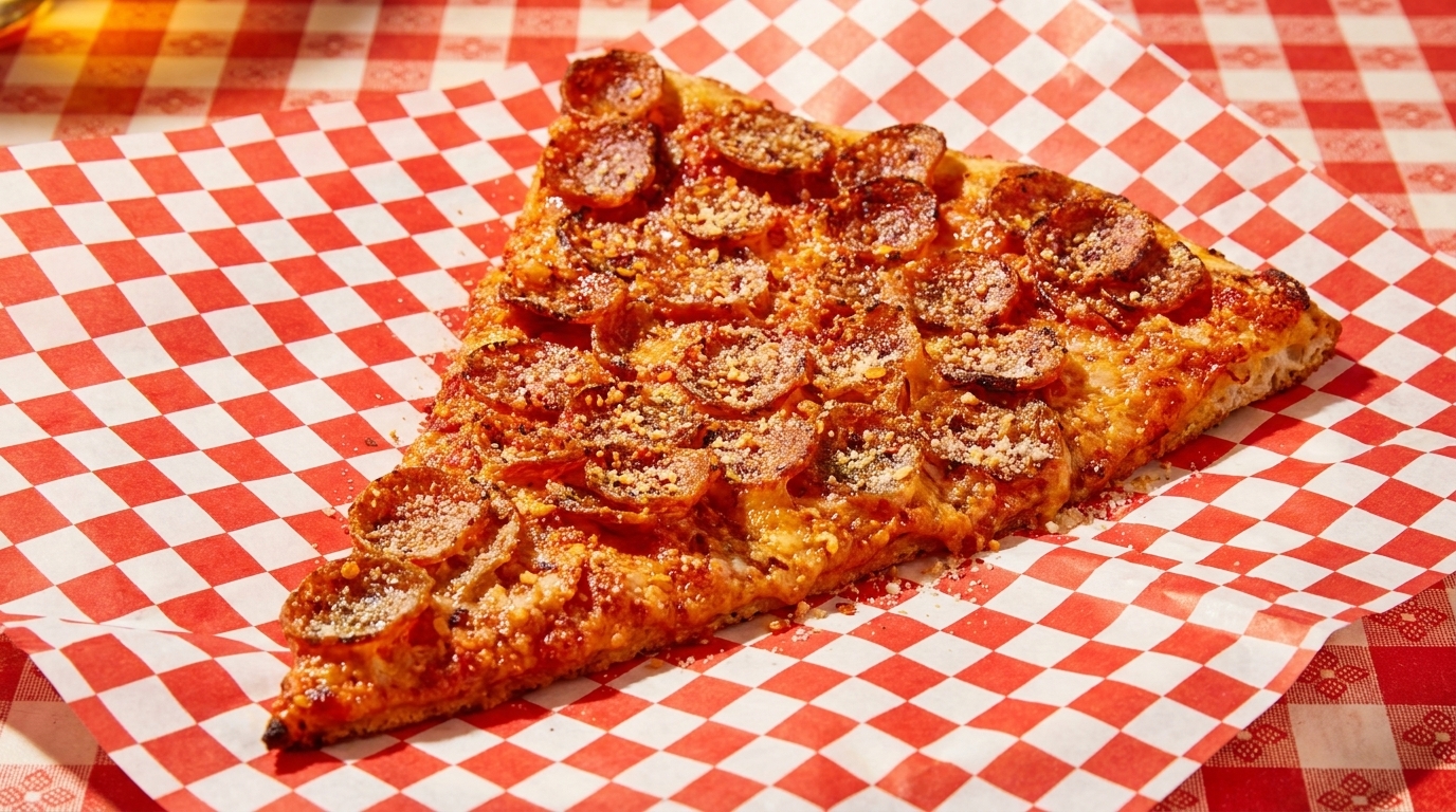 A slice of pepperoni pizza with parmesan cheese on red and white checkered paper.