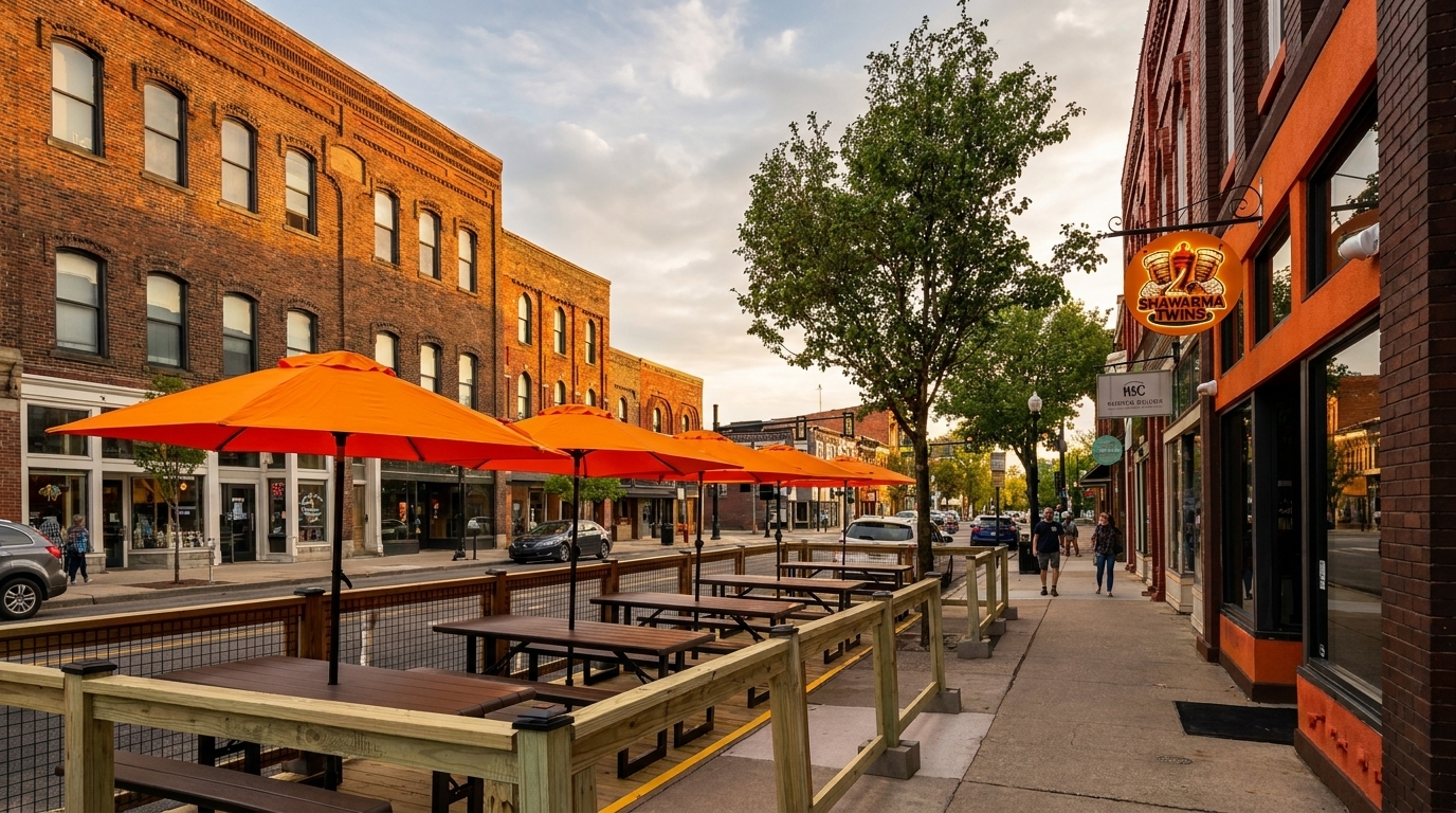Outdoor dining patio with orange umbrellas and picnic tables in front of brick buildings.
