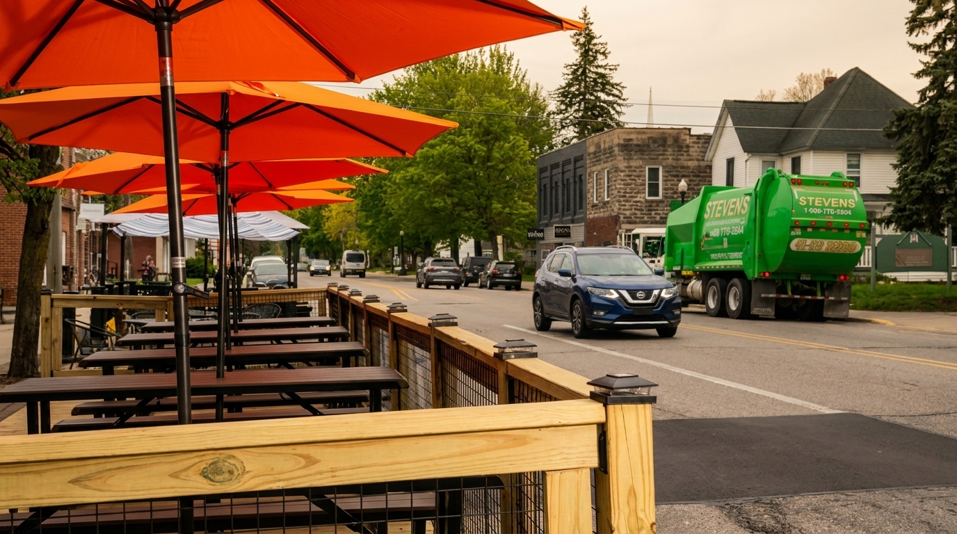 Outdoor patio with orange umbrellas and picnic tables next to a street with cars and a garbage truck.
