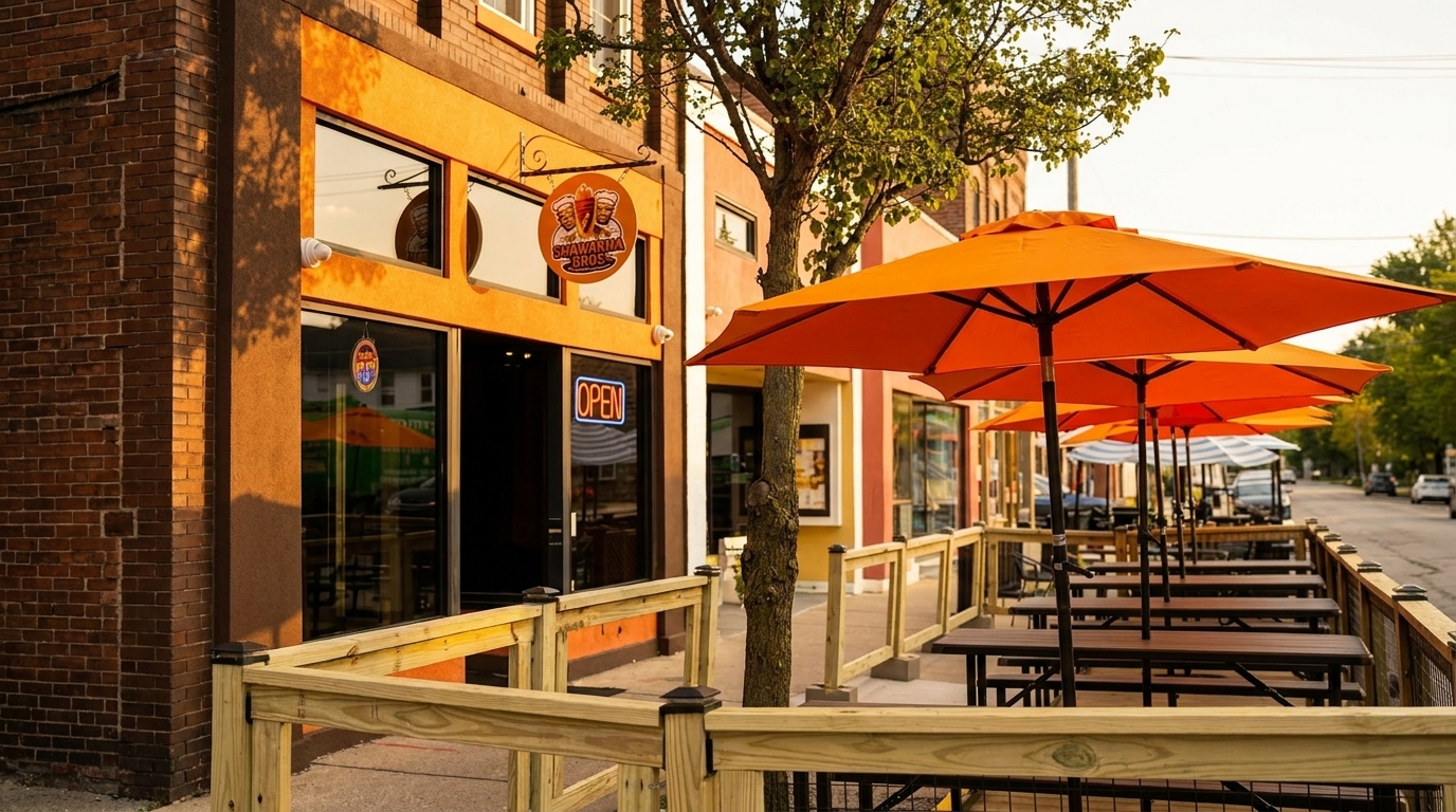 Shawarma Bros restaurant exterior with orange umbrellas shading outdoor picnic tables on a sunny day.