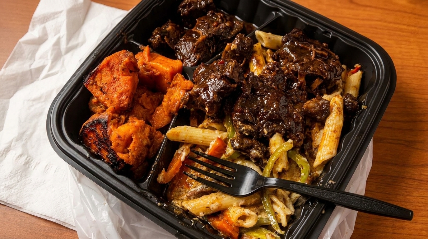 Takeout container with stewed oxtail, penne pasta, and roasted sweet potatoes, with a fork.