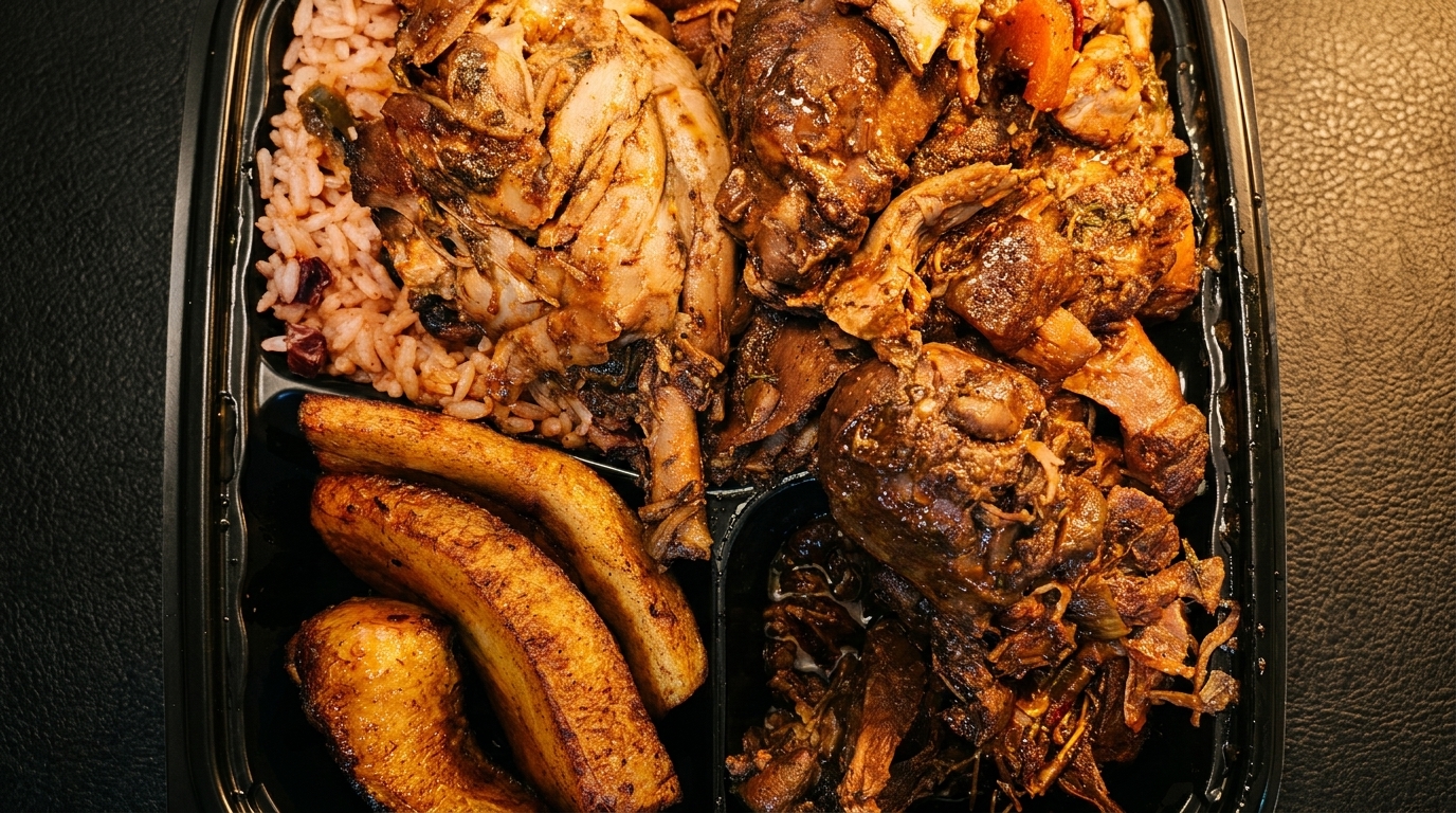 Takeout container with rice and peas, jerk chicken, stewed chicken, and fried plantains.