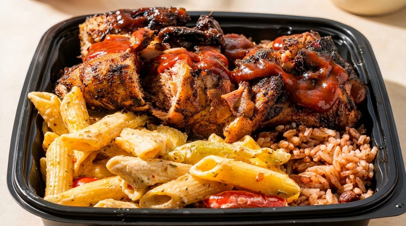 Jerk chicken with BBQ sauce, penne pasta, and rice in a black takeout container.