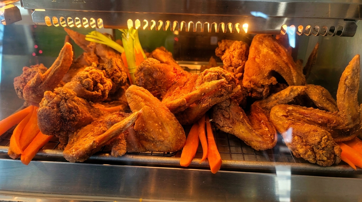 Crispy fried chicken wings and carrot sticks displayed under a heat lamp in a glass case.