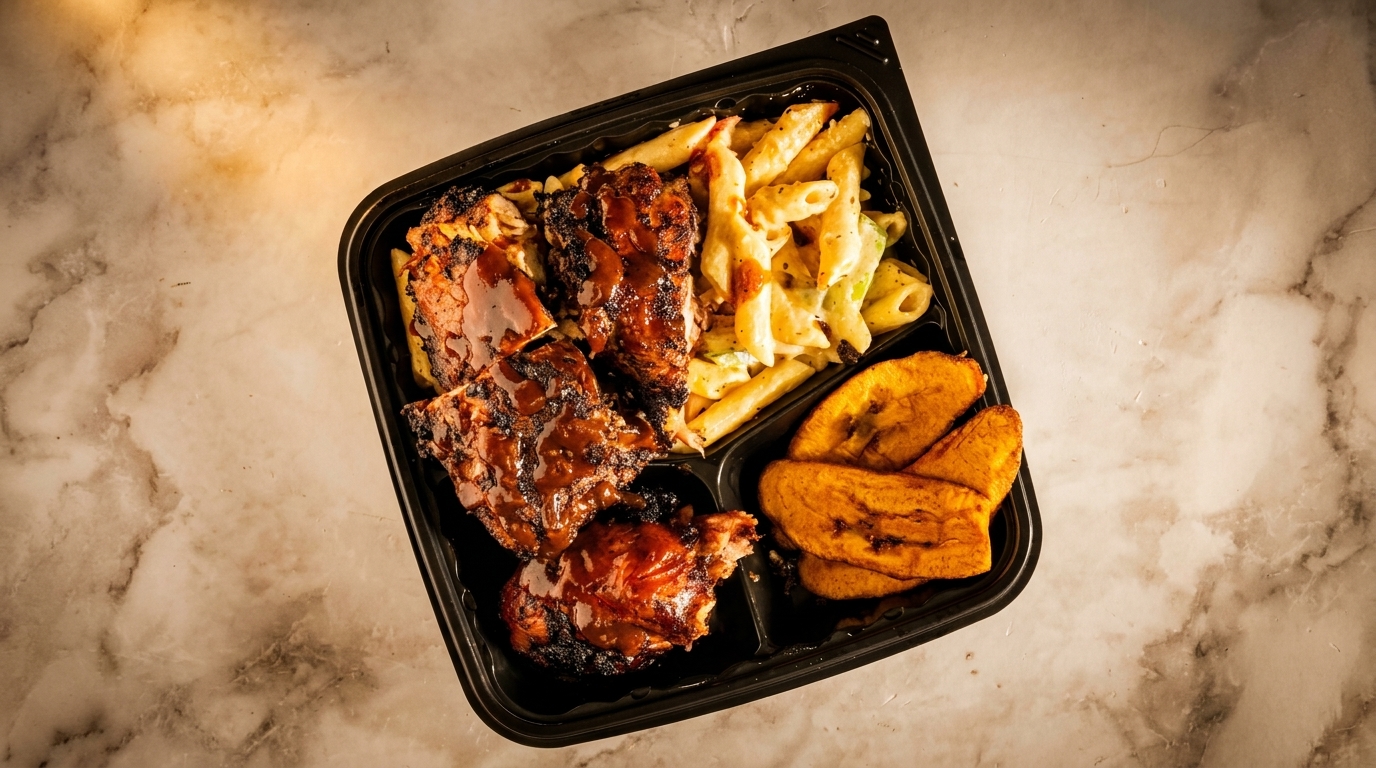A takeout container with BBQ ribs, creamy pasta, and fried plantains on a marble surface.