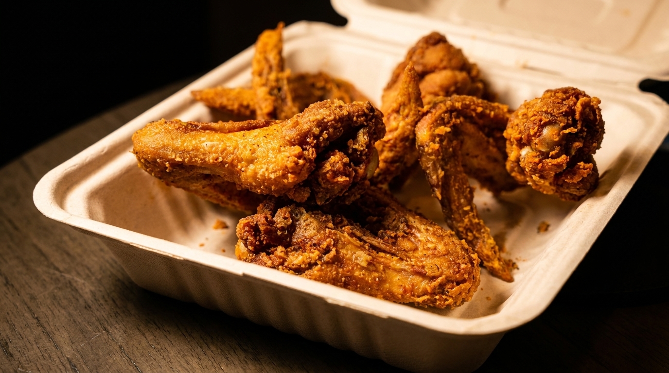 Crispy fried chicken wings and drumsticks in a light brown takeout container on a wooden surface.
