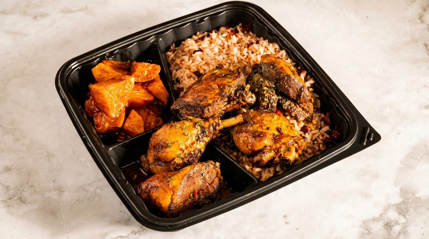 A black takeout container with jerk chicken, rice and peas, and candied yams.