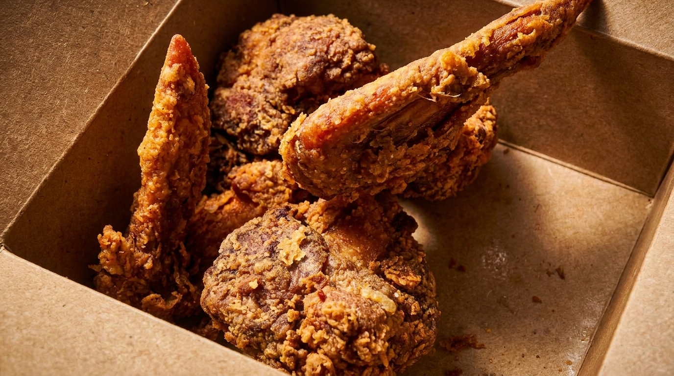 Crispy fried chicken pieces, including wings and thighs, in a brown cardboard takeout box.