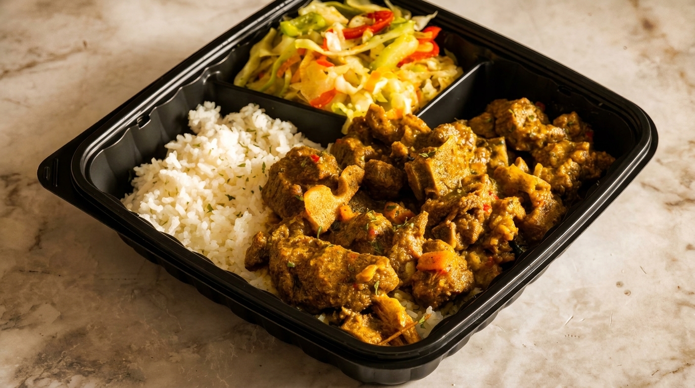 Curried meat and rice with a side of cabbage and peppers in a black takeout container.