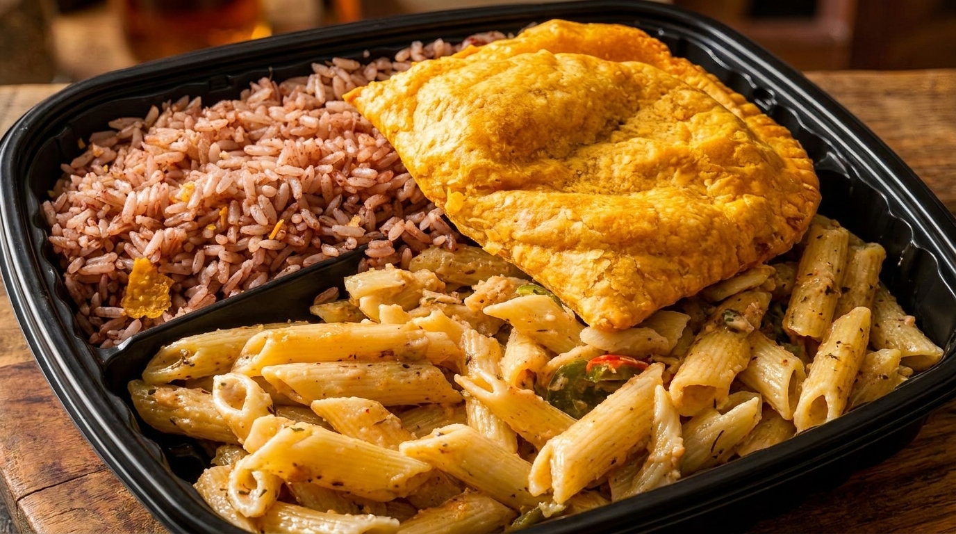 A takeout container with red rice, creamy penne pasta, and a large golden patty.
