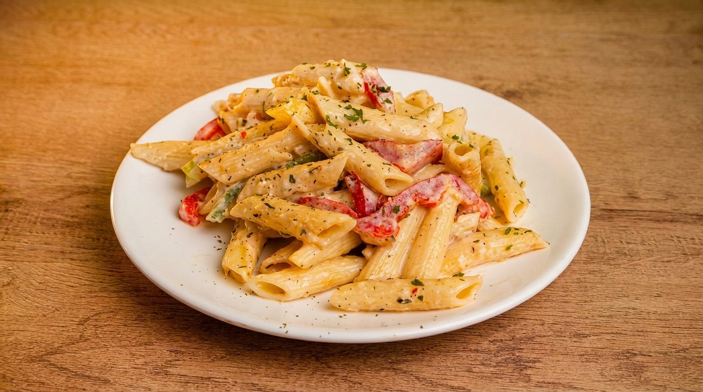 Creamy penne pasta with red and green bell peppers, garnished with herbs on a white plate.