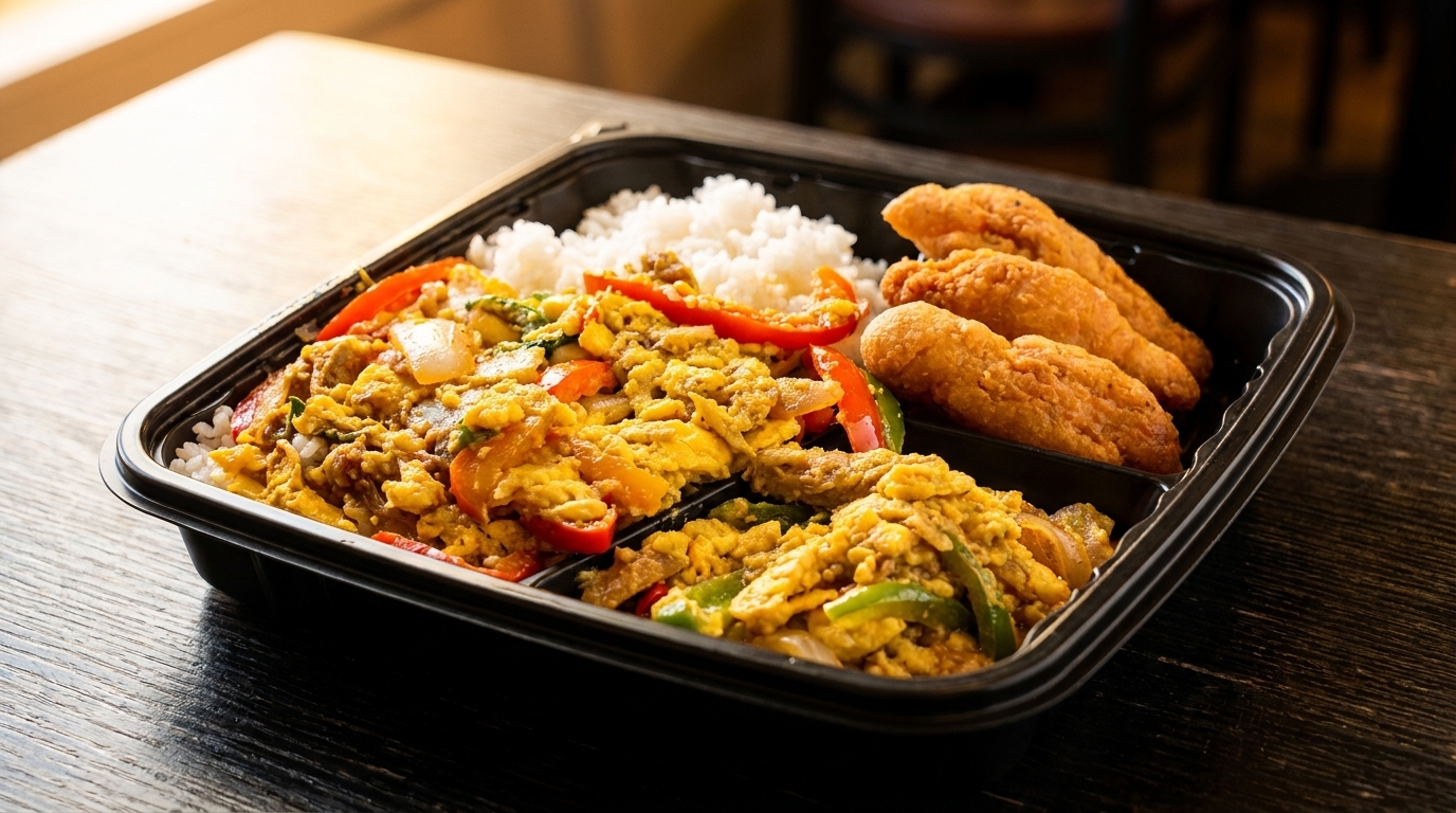 A takeout container with rice, scrambled eggs with vegetables, and fried chicken tenders.