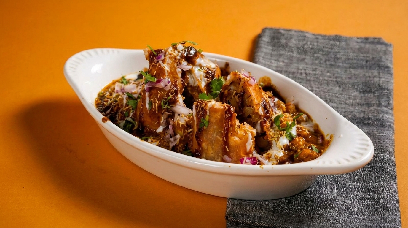 A white oval dish filled with Indian chaat, topped with sauces, red onions, and cilantro.
