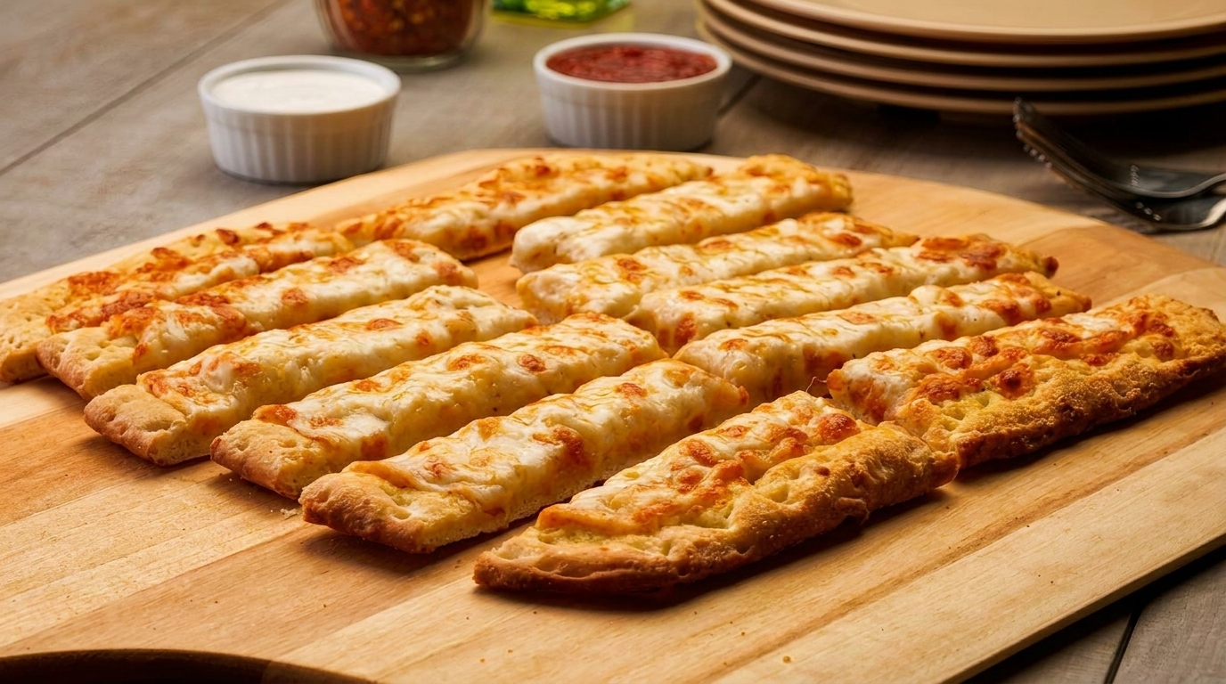 Cheesy breadsticks arranged on a wooden board with dipping sauces and plates in the background.