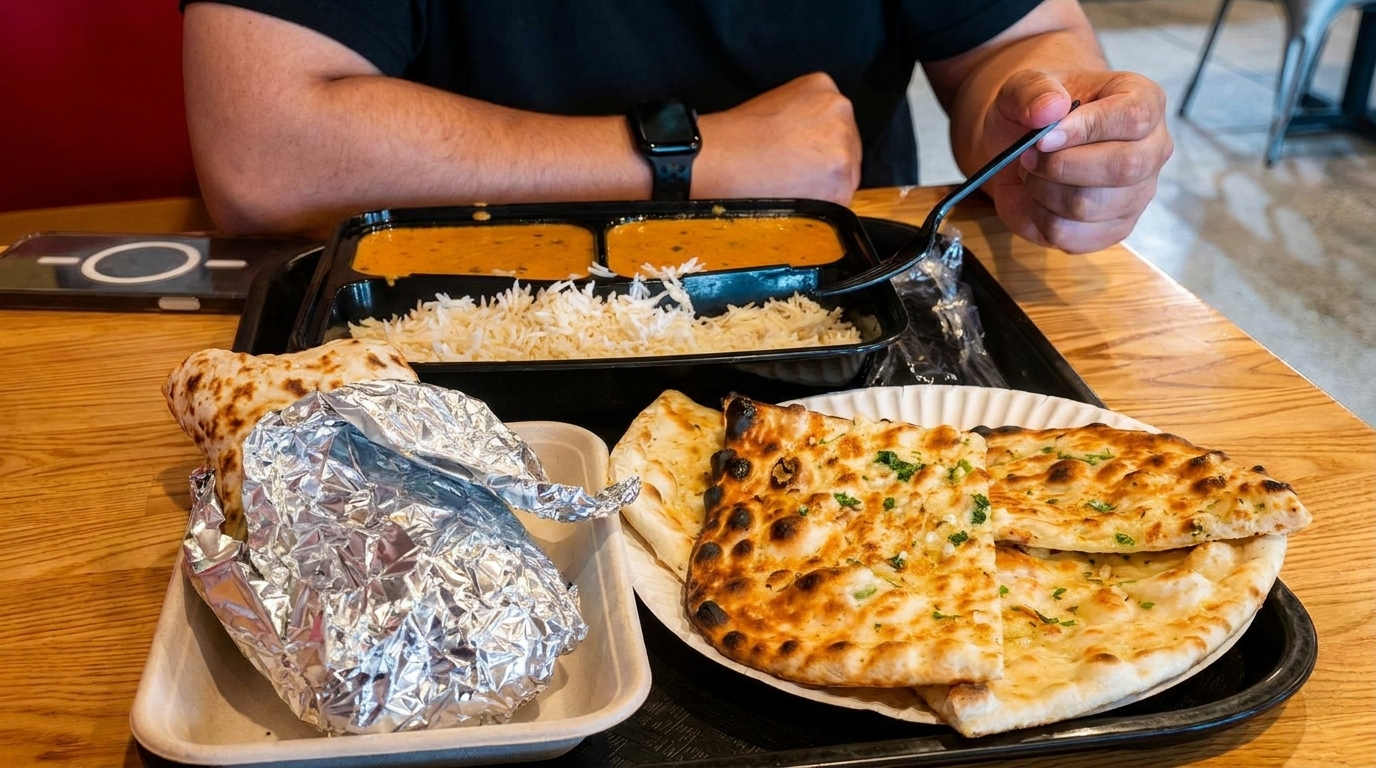 A person eating Indian food, including rice, curry, and naan bread, at a wooden table.