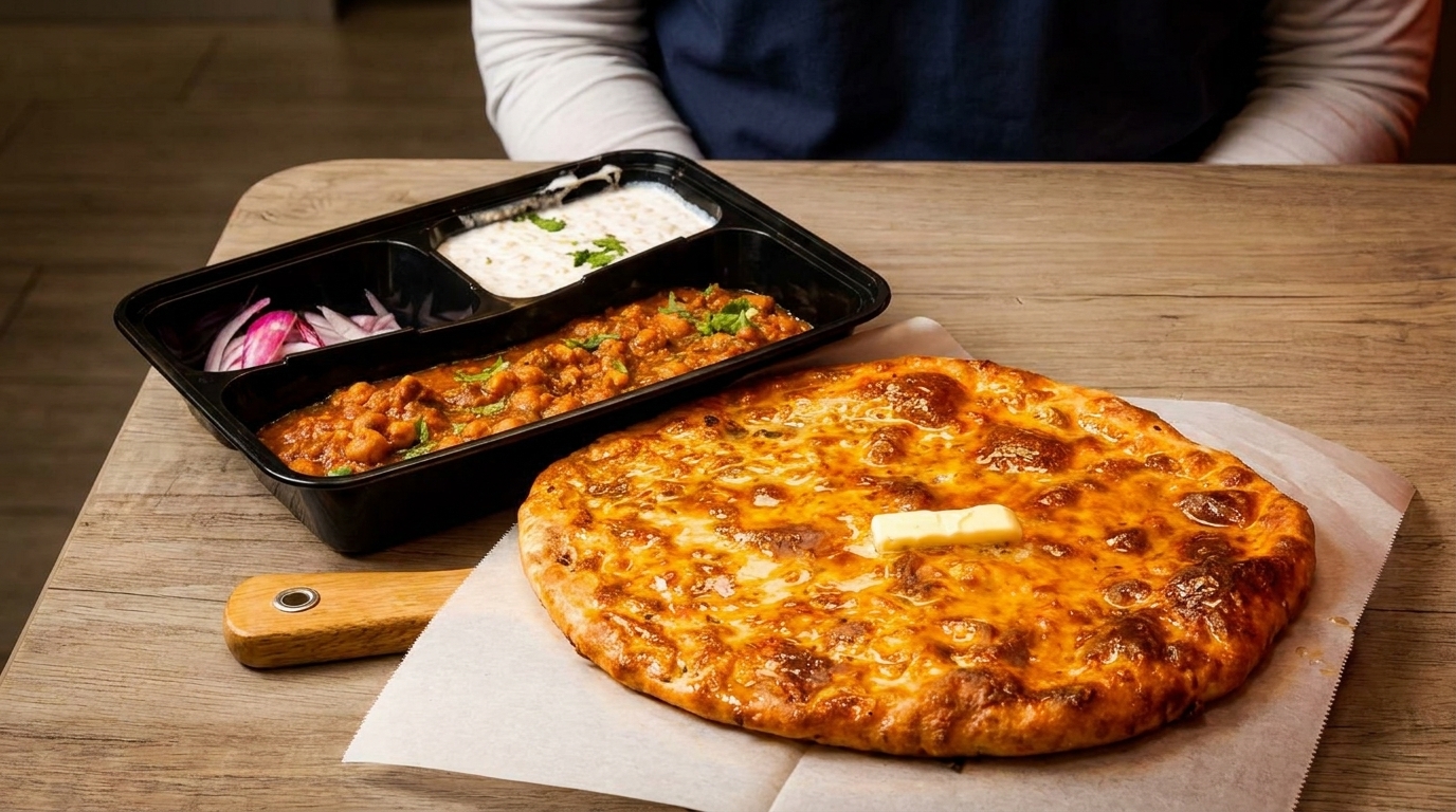 A takeout container with chana masala, raita, and onions, next to a large buttered naan.