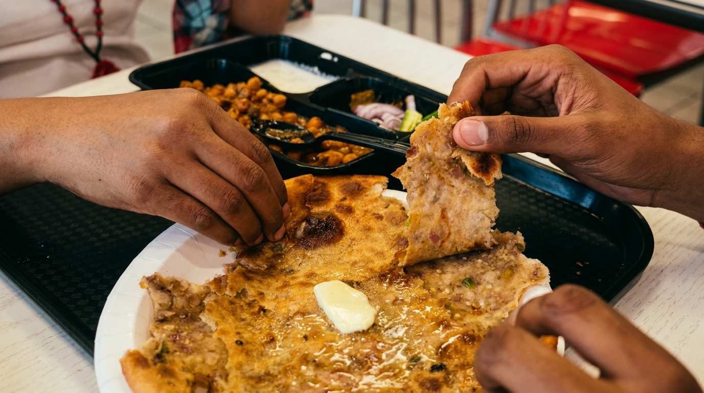 Two people sharing a paratha with butter, chickpeas, and raita from a black tray.