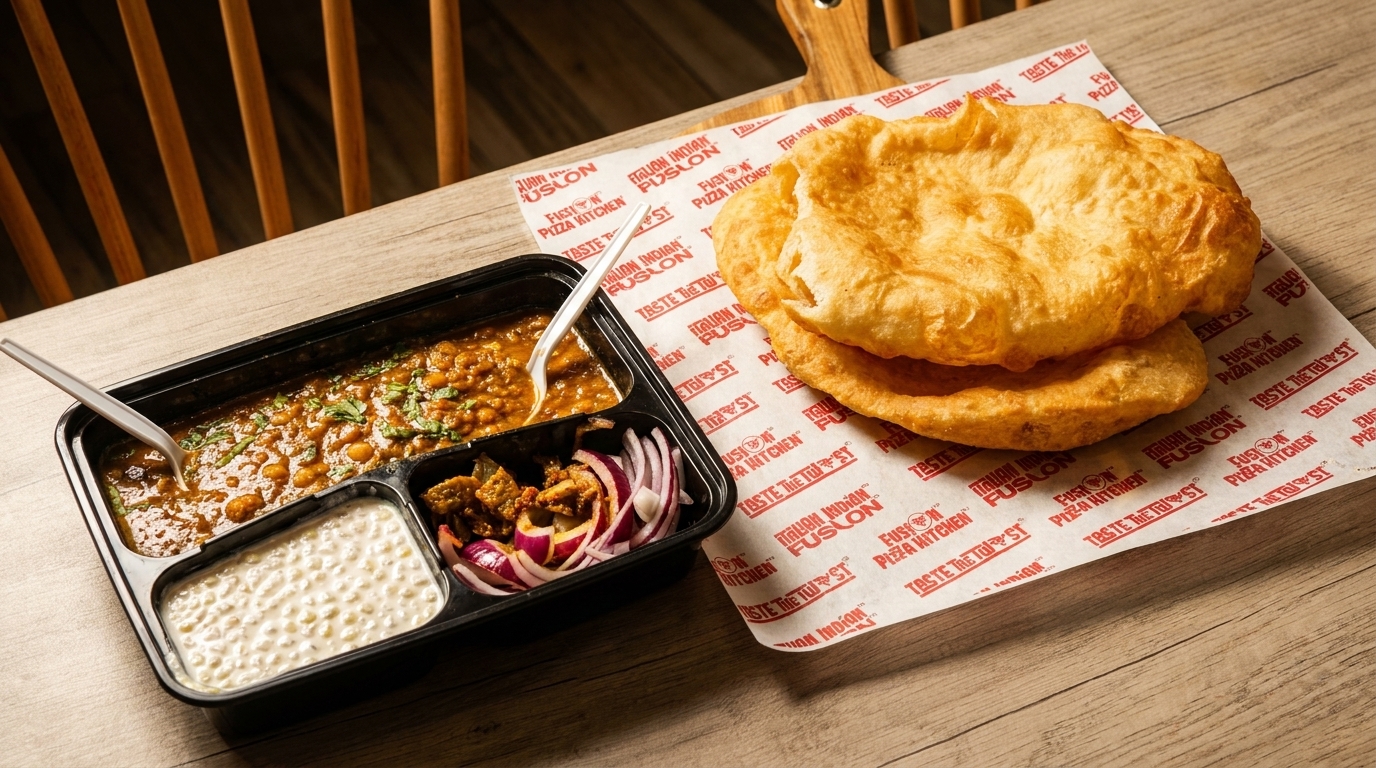 Chana masala, raita, and pickled onions in a black container with two fried puri on branded paper.