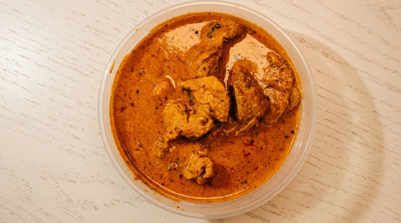 Overhead view of chicken curry in a clear plastic takeout container on a light wooden table.