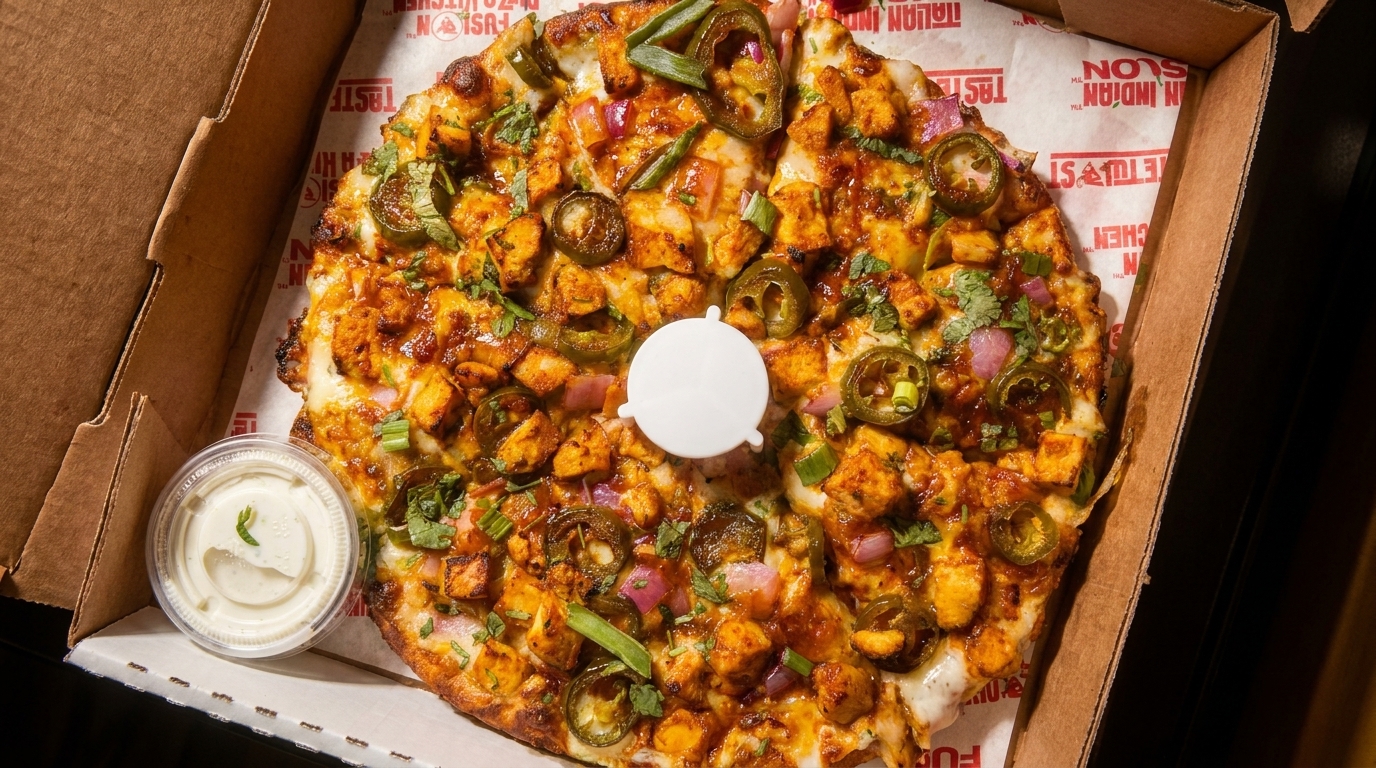 A chicken tikka pizza with jalapeños, red onions, and cilantro in a box with a side of ranch.