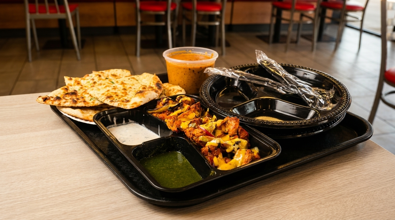Indian food on a tray with naan bread, chicken tikka, sauces, and a container of curry.