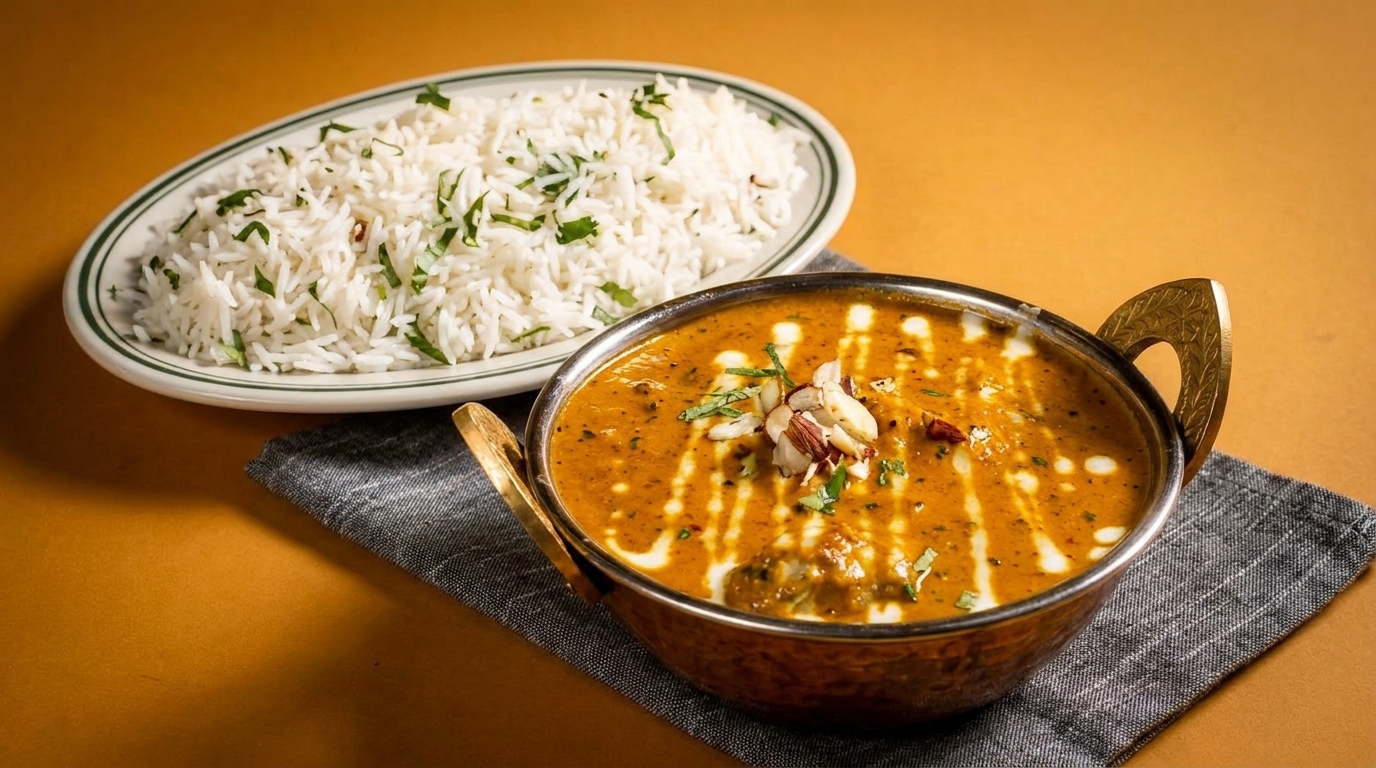 A bowl of Indian curry with cream and almonds, next to a plate of white rice with herbs.