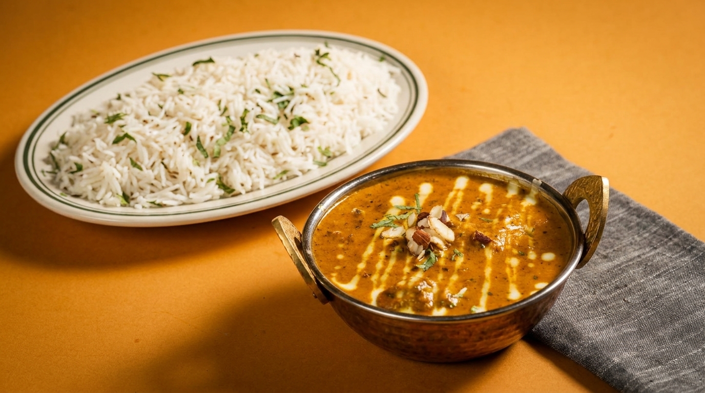 A copper bowl of Indian dal makhani with cream and almonds, next to a plate of basmati rice.