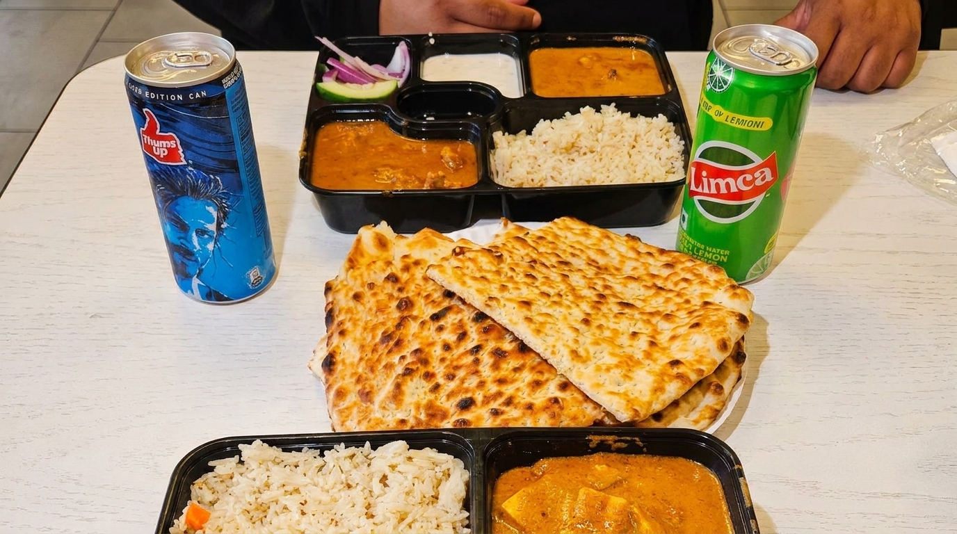 Indian meal with rice, curries, naan bread, and two soda cans on a white table.