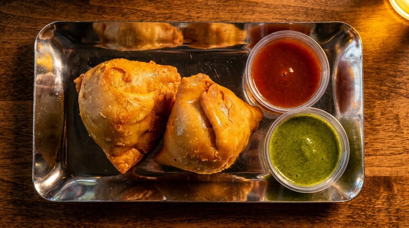 Two golden-brown samosas and two dipping sauces, red and green, on a silver tray.