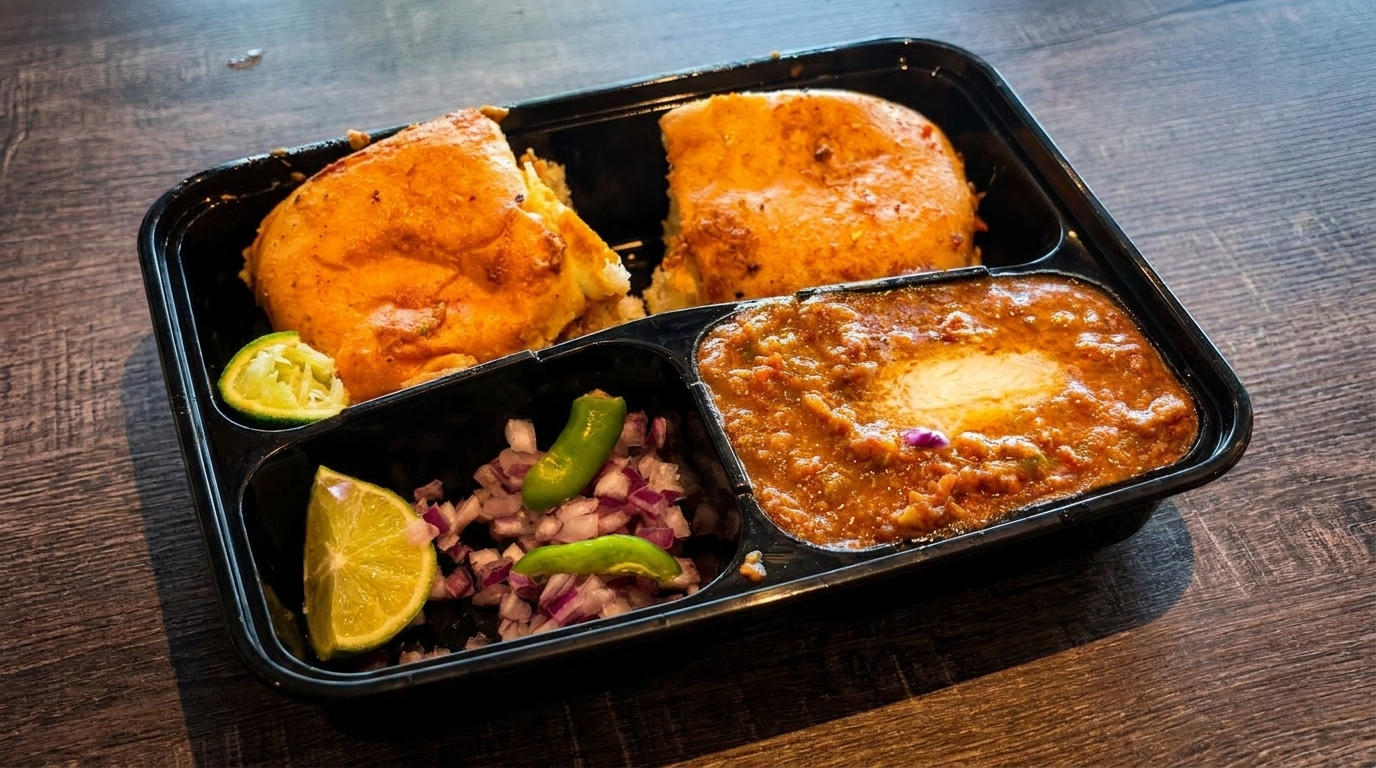 Pav Bhaji in a black takeout container with two buns, a bowl of bhaji, and a side of chopped onions, green chilies, and lime wedges.
